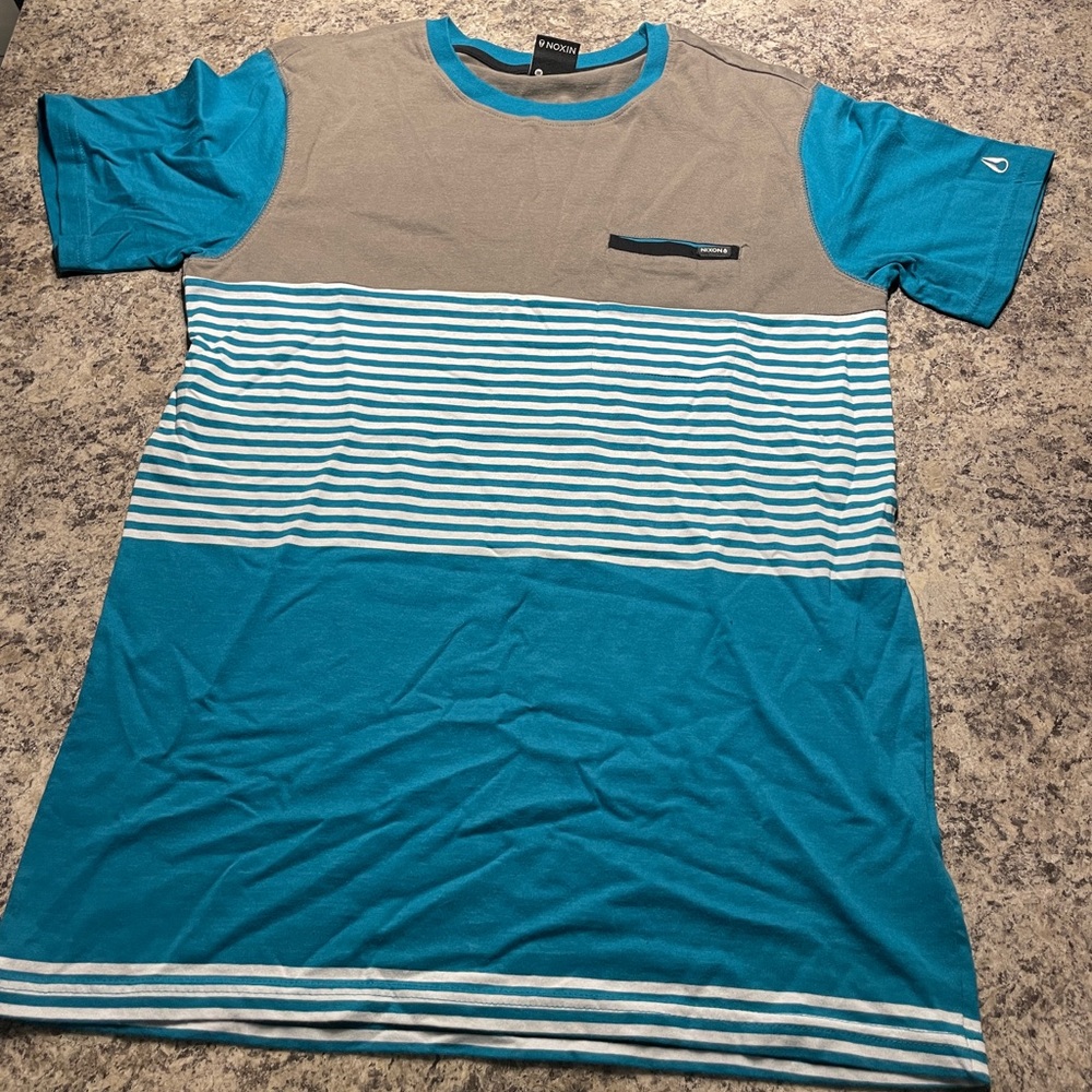Nixon blue, white and grey color block striped shirt- size L